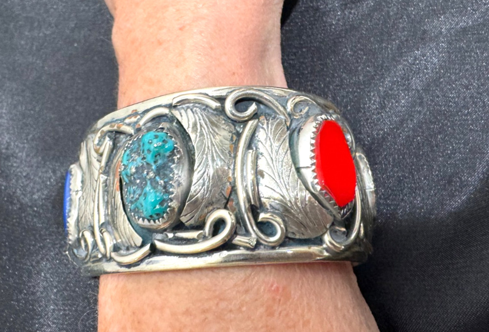 Large Southwestern Cuff Bracelet Nickel Silver Multi Stones Turquoise Chunky Vtg